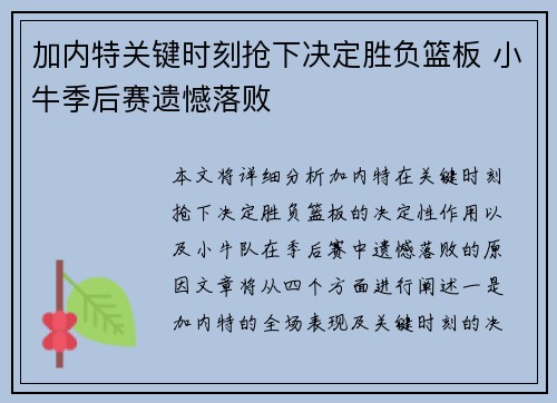 加内特关键时刻抢下决定胜负篮板 小牛季后赛遗憾落败